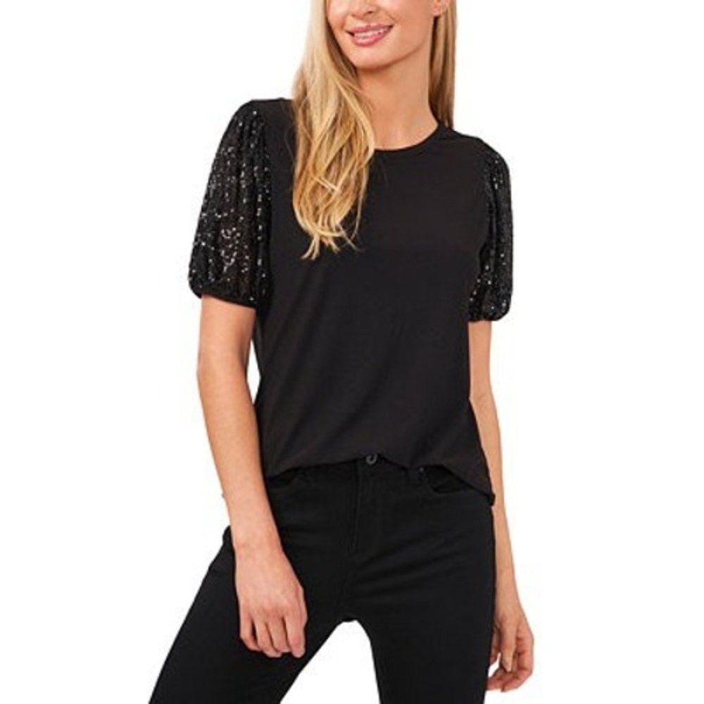 Runway Paris Womens Black Sequin Puff Sleeve Knit Top Crew Neck JX537 NWT (109)